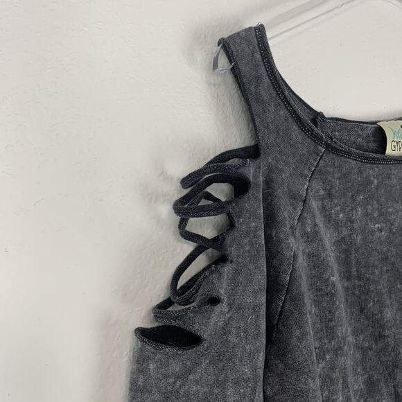 Jaded Gypsy Dress Womens S/M Mini Ripped Off The Shoulder Mineral Wash Boho Gray - Picture 2 of 8